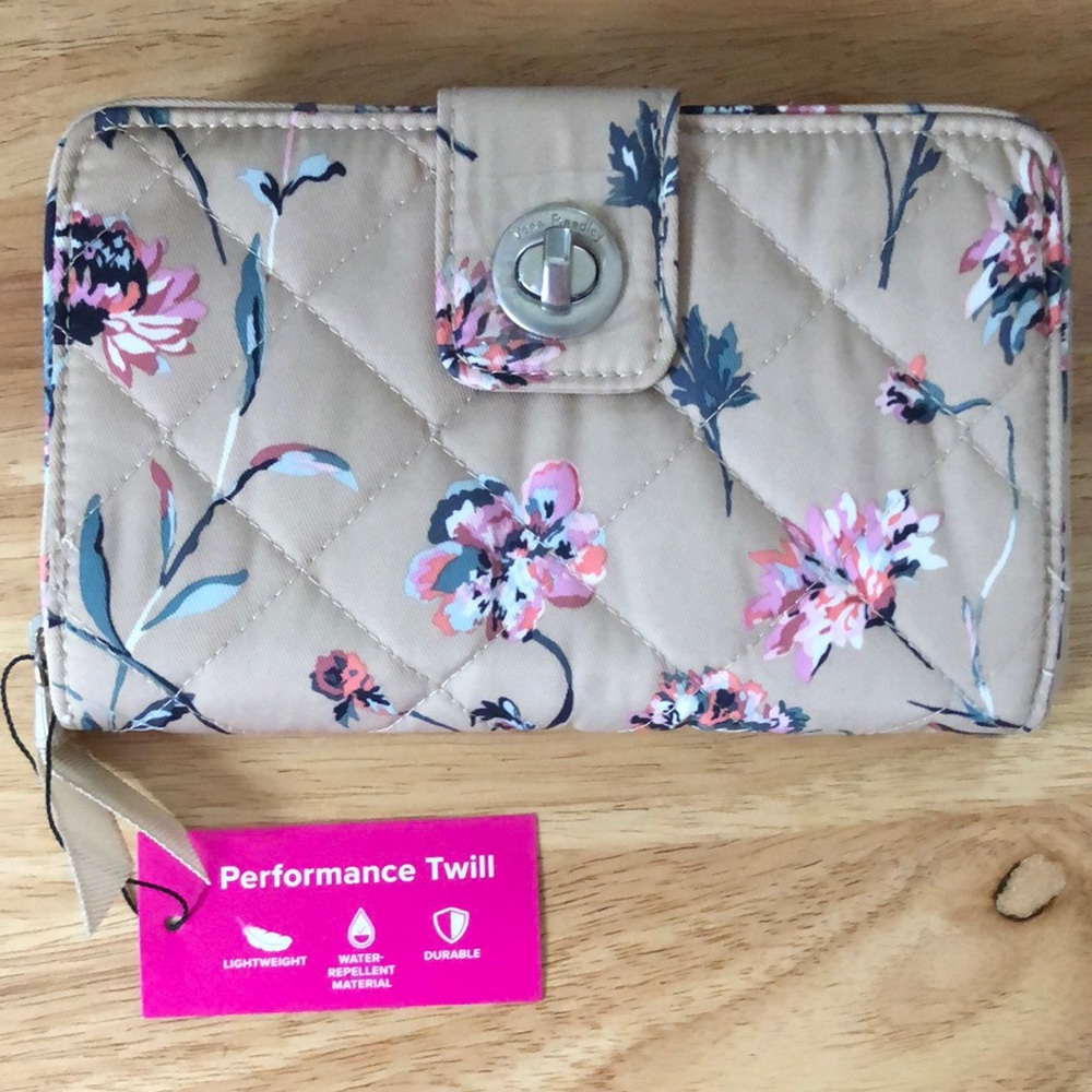 NWT Turnlock Wallet in Strawflowers Performance Twill, RIFD protection.